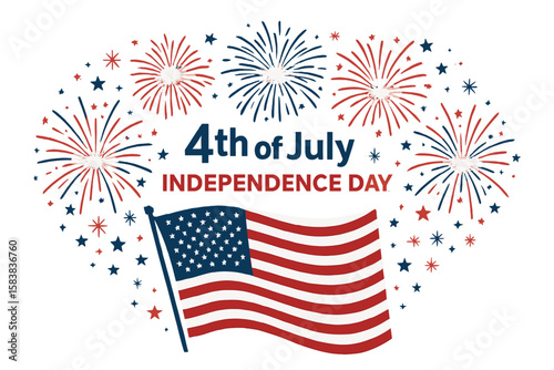 4th of July Independence Day USA celebration banner with American flag, fireworks, and stars. Patriotic American holiday vector illustration for greeting card or poster design.