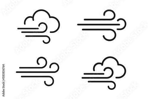 Wind blow line icon set. Fresh cloud and air speed symbol collection. Windy weather sign for forecast and climate. Simple vector airflow and breeze graphic element illustration.