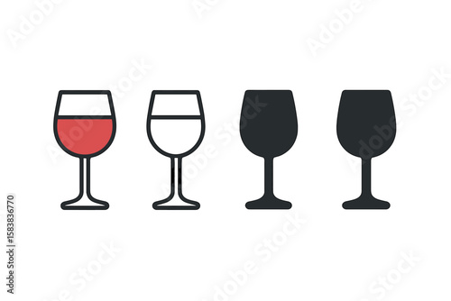 Set of wineglass icons. Red wine glass, outline, and solid black silhouette. Simple vector symbol collection for alcohol, bar, restaurant menu, or web design. Flat linear pictogram.