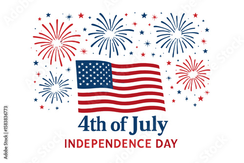 4th of July Independence Day vector design. Patriotic American holiday celebration with USA flag, fireworks, and stars. Festive greeting card or banner illustration concept.