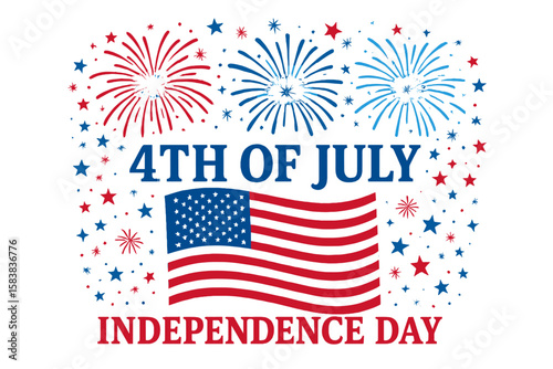 4th of July Independence Day vector design. Patriotic American holiday celebration with USA flag, red white and blue fireworks, and stars. Festive banner for United States.