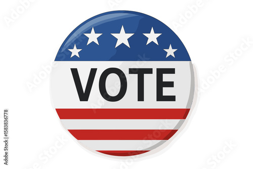 USA presidential election pin button for campaign. Vote icon symbol with American flag. Politics, government, democracy concept. Patriotic badge for voter. Vector illustration.