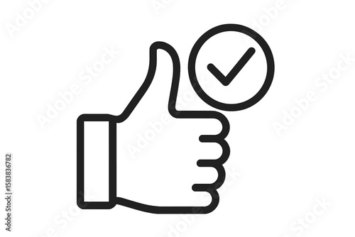 Thumbs up icon with checkmark. Quality approved symbol. Concept of success, positive feedback, and customer satisfaction. Like button for social media vote. Agreement.