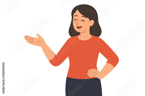 Smiling woman presenting something with a welcoming gesture. Confident and friendly female character showing a product or service. Flat vector illustration isolated on white.