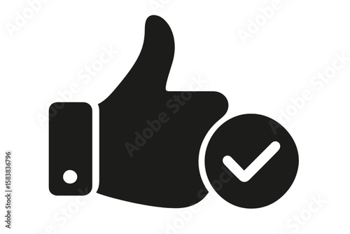 Thumbs up icon with check mark. Like button for social media. Positive feedback, approval, and success symbol. Vote yes or ok sign. Quality check confirmed. Flat vector.