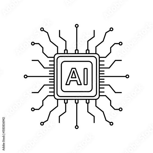 Vector illustration of an AI microchip with rounded external pins in a simple linear style.