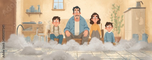 Animated family scene in living room with seated adults and children
