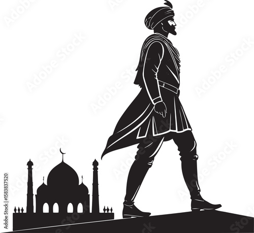 Man in turban walking past mosque architecture silhouette