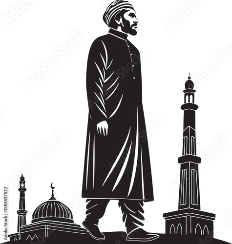 Man standing with Islamic architecture mosque minaret
