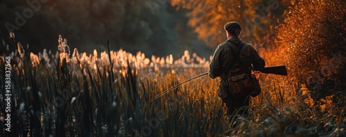 Caucasian male hunter exploring autumn wetlands with gun and backpack