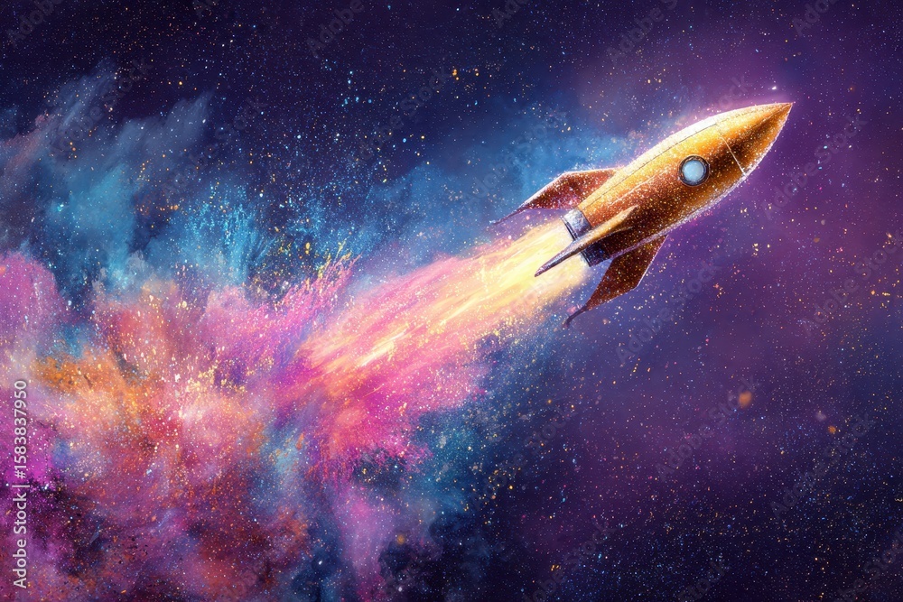 Obraz premium Golden rocket soaring through a vibrant cosmic backdrop with a glittering tail of colorful flames and cosmic dust