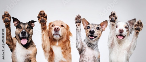 The joyful group of dogs raising their paws in harmony and excitement
