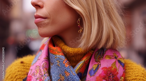 Fashionable caucasian female in colorful scarf and earrings in urban setting