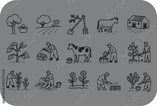 Collection of charming hand drawn illustrations depicting various farm activities including planting gardening watering cows and a farmhouse representing agricultural life and rural pursuits
