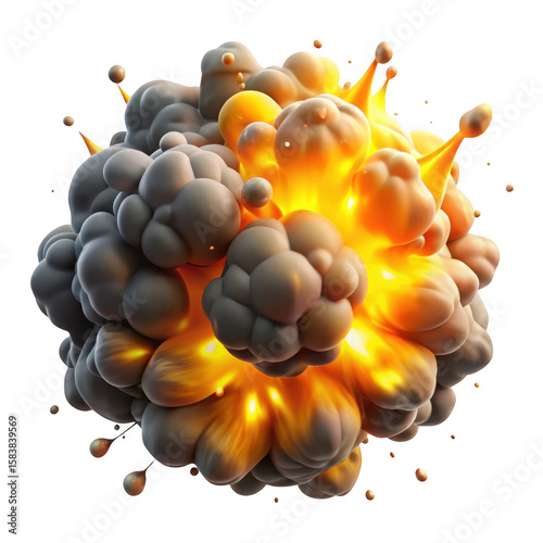 Dynamic abstract explosion with smoke and glowing particles isolated on transparent background