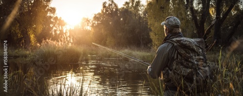 Caucasian male adult fishing with bow at sunset in tranquil lake scene