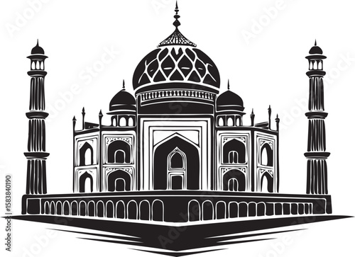Taj Mahal monument black and white illustration India