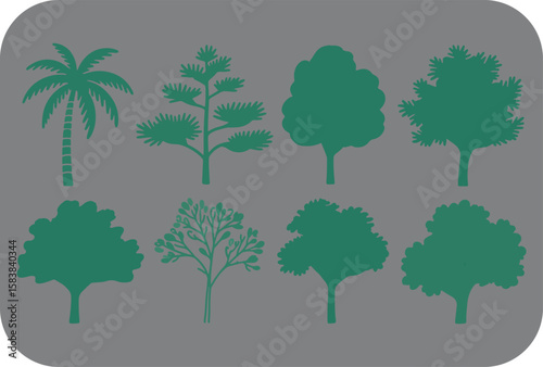 A collection of diverse green tree silhouettes including a palm tree a pine tree and various deciduous trees against a neutral grey background