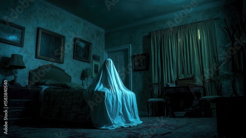 Ghostly figure in dimly lit vintage bedroom at night