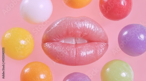 Glossy lips surrounded by colorful candy balls on pink background