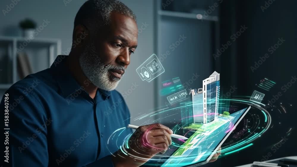 Senior architect working on futuristic digital tablet with augmented reality app showing 3d model of modern sustainable building, analyzing project data and architectural plans