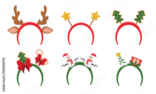 Set of New Year's hair hoops in cartoon style. Vector illustration of Christmas headbands: deer antlers, ears, stars, fir trees, bows, candy canes, snowmen, gift, holly isolated on white background.