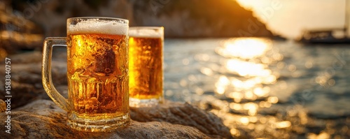 Refreshing beer on sunlit beach rocks by ocean at sunset