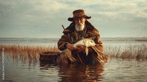 Elderly caucasian male fisherman holding catch in serene lake landscape