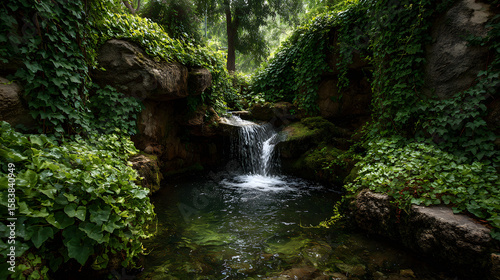 A small waterfall is surrounded by green ivy