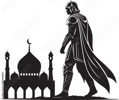 Warrior approaching mosque islam crescent moon