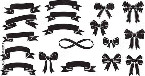 Vector art of a collection of black ribbon bows and banners on a white background