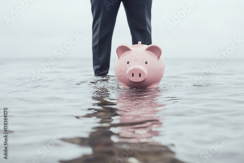 Piggy Bank Submerged: A pink piggy bank stands in water, symbolizing financial risk and economic uncertainty. Person standing behind piggy bank.