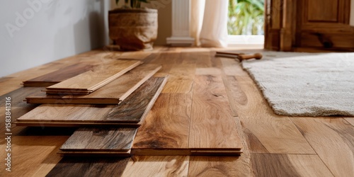 Hardwood flooring installation with sunlight and plant in modern entryway