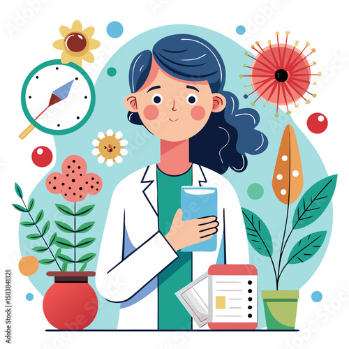 Illustration of a scientist conducting an allergy test with plants and charts