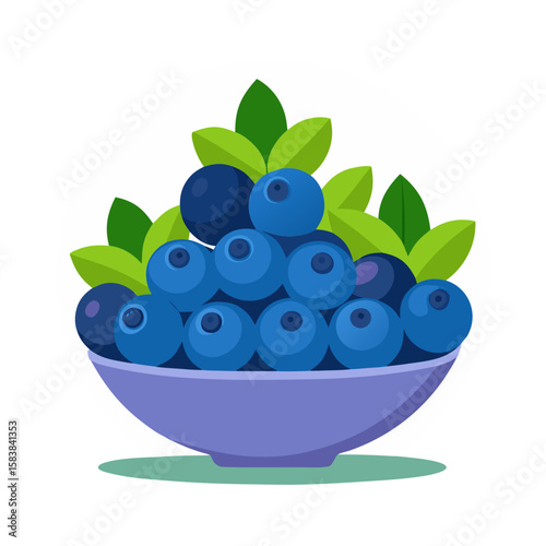 Bowl of fresh blueberries with green leaves on a white background