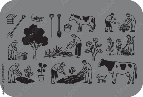 Farm life illustration showing people planting watering and harvesting crops with cows and a dog in a charming hand drawn style