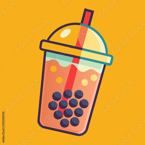 Colorful illustration of bubble tea with tapioca pearls on a yellow background