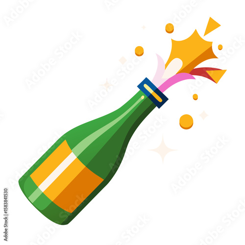 Colorful illustration of a champagne bottle popping with sparkles on a white background