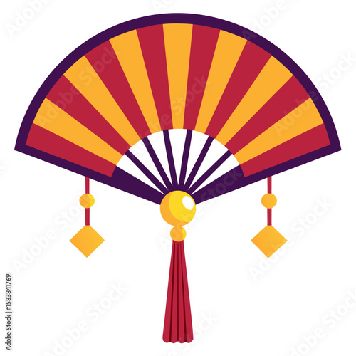 Decorative fan with tassels and vibrant colors for artistic design