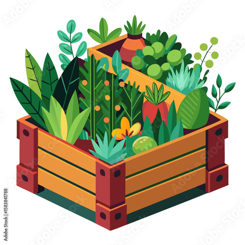 Vibrant plants in a wooden crate with a lush arrangement and a fresh feel, copy space