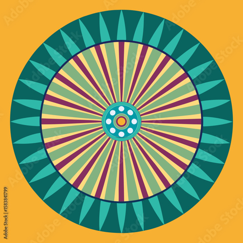 Colorful fan pattern in a circular design on a vibrant orange background