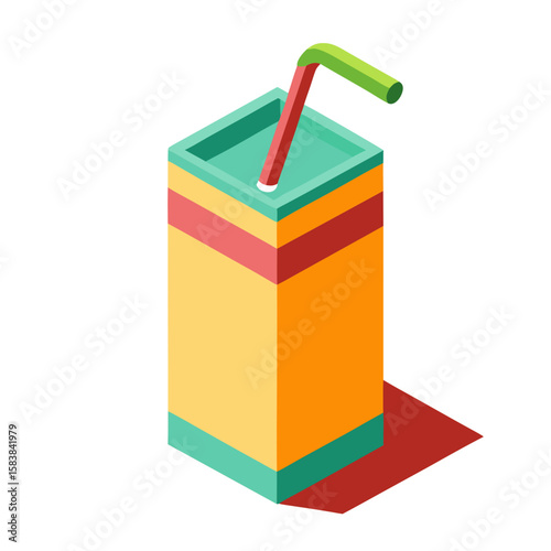 Colorful juice carton with straw in a modern isometric style