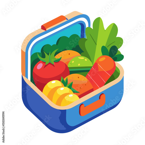 Colorful lunchbox filled with fresh vegetables in vibrant isometric style