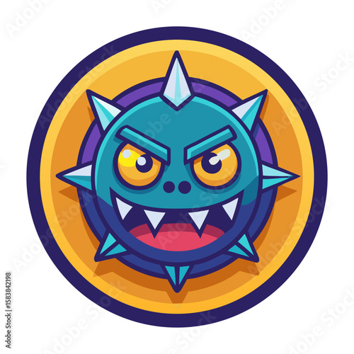 Cartoon monster token icon with fierce expression and spikes in vibrant colors