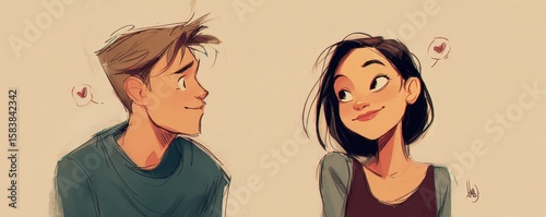 Charming animated boy and girl with heart symbols smiling at each other