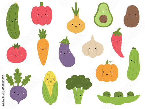 A set of cute kawaii vegetables. Vector illustration isolated on a white background