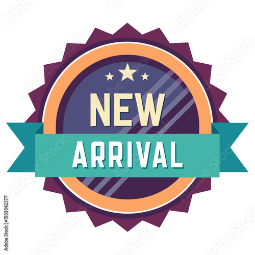 Colorful new arrival badge with ribbon in flat design style