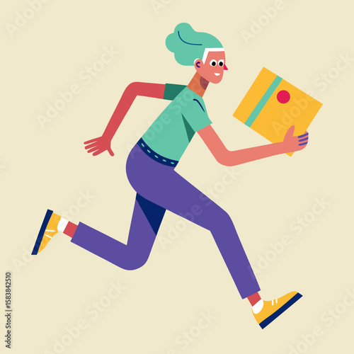 Person running with a box in a dynamic and colorful illustration