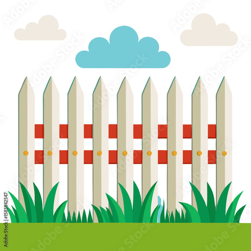 Stylish picket fence with grass and clouds in a flat design illustration