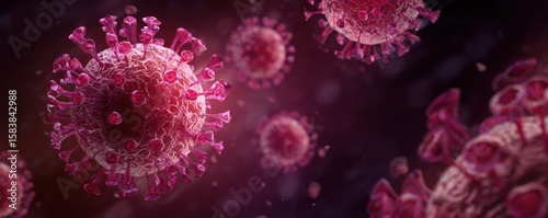 Close-up of colorful virus particles in dark space
